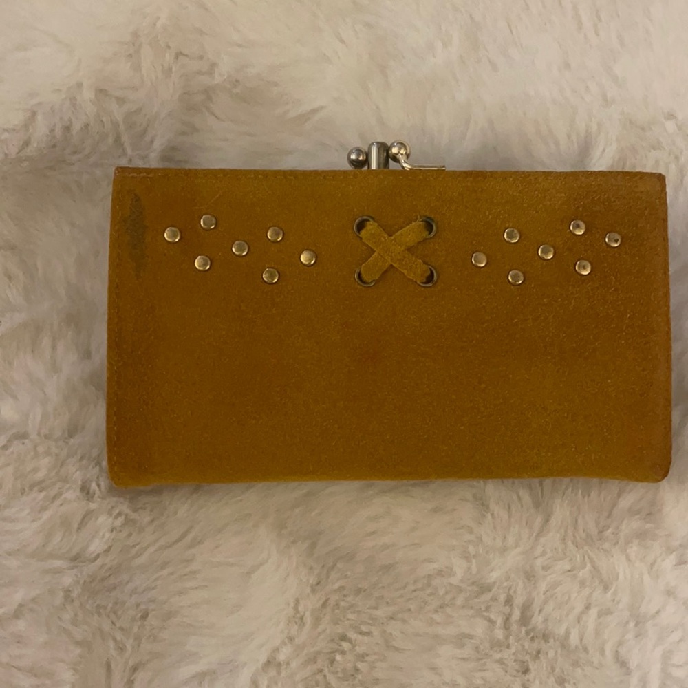 Women's Vintage Mustard Suede Baronet 60's Gold Coin Purse Wallet with ID card